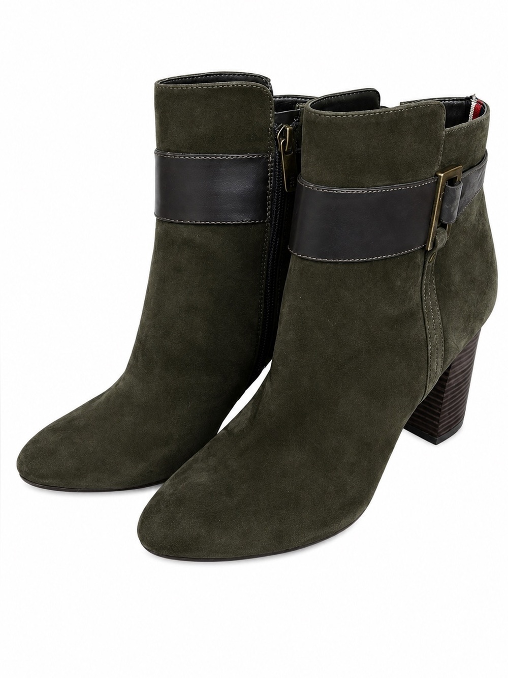 Tommy Hilfiger 10 Durham Olive Green & Brown Suede Block Heel Ankle Boots